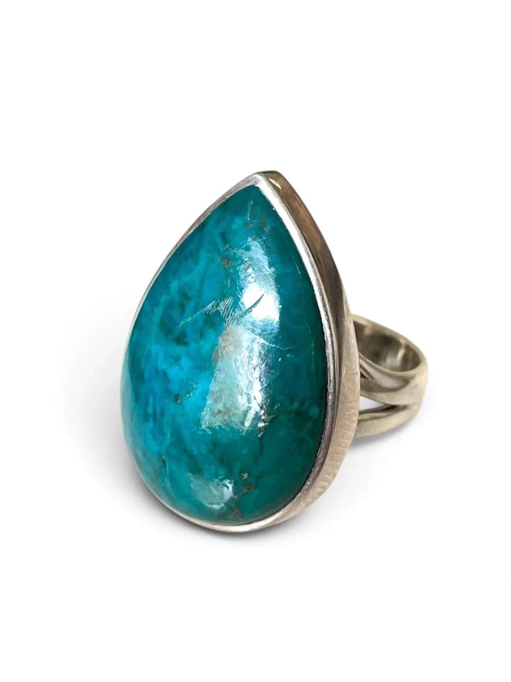 Natural Chrysocolla ring in 925 Sterling Silver large tear drop ring US: 6